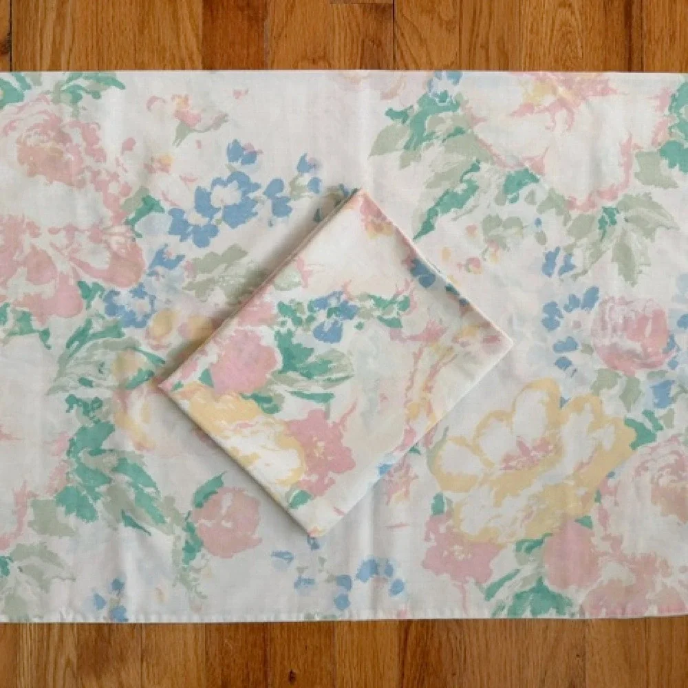 Vintage pair of pillowcases pink blue yellow floral pillowcases, Fieldcrest